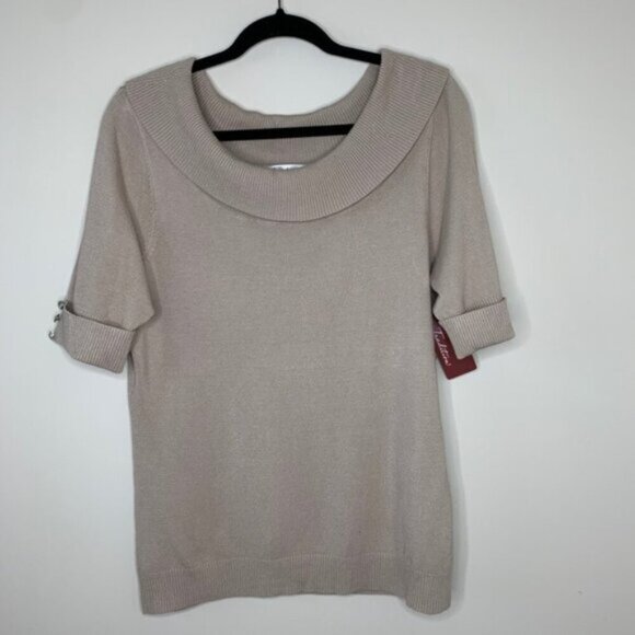 Tradition Women's Cowl Neck Sweater Top 3/4 Length Sleeve Stretch Taupe y2k - Picture 8 of 16